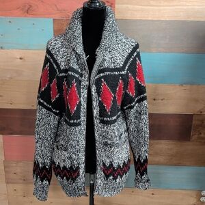 American Eagle Outfitters Gray & Black Zip-Up Sweater with Red Diamond Pattern